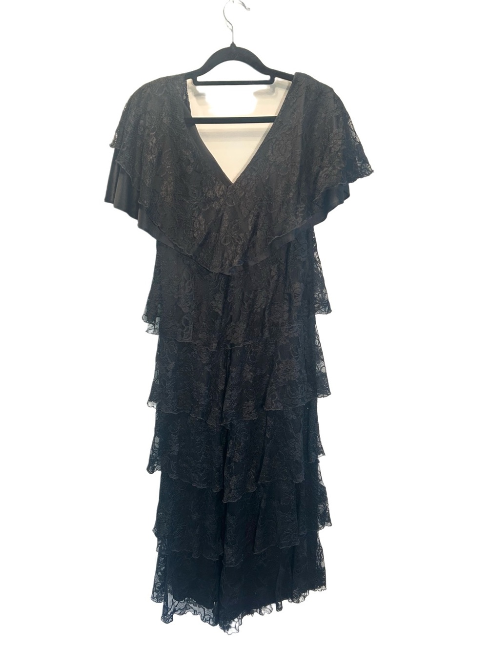 Black Lace Tiered V-Neck Women's Dress